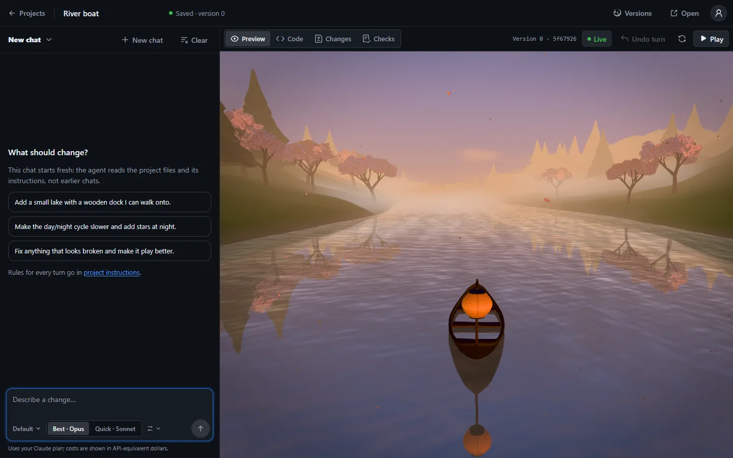 The Antelier builder with the River boat starter at dusk, a chat panel suggesting changes and a message box with Best and Quick modes.